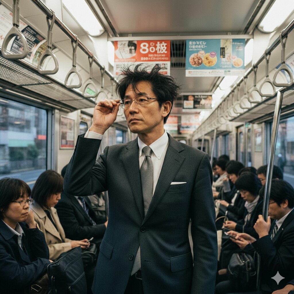 寝ぐせのあるスーツ姿の男性